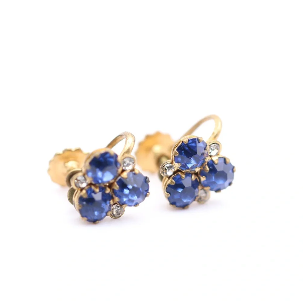 Vintage CARO Blue Rhinestone Floral Earrings Gold Tone Screw Back Cluster